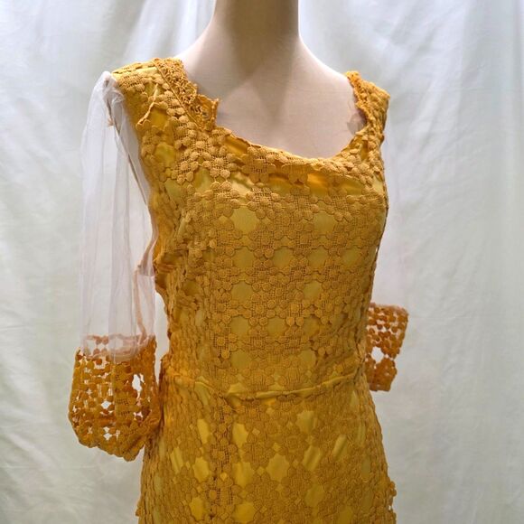 Golden Hour Glam: New Mustard Crochet Maxi Dress – Sheer Elegance! Size Large - Picture 5 of 10